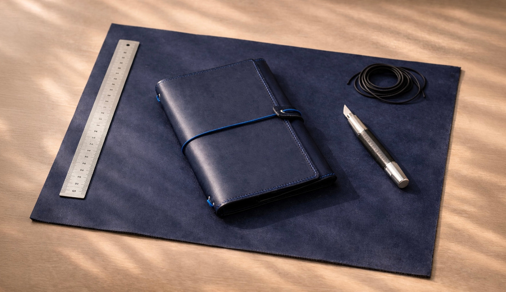 Blue leather notebook, pen, and ruler on a blue mat with a wooden surface background