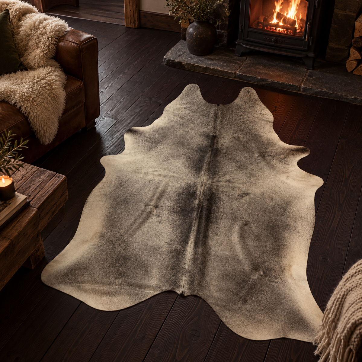 A natural cowhide area rug with a black and cream mottled pattern, displayed on a dark wood floor in a cozy living room setting with a fireplace and leather sofa.