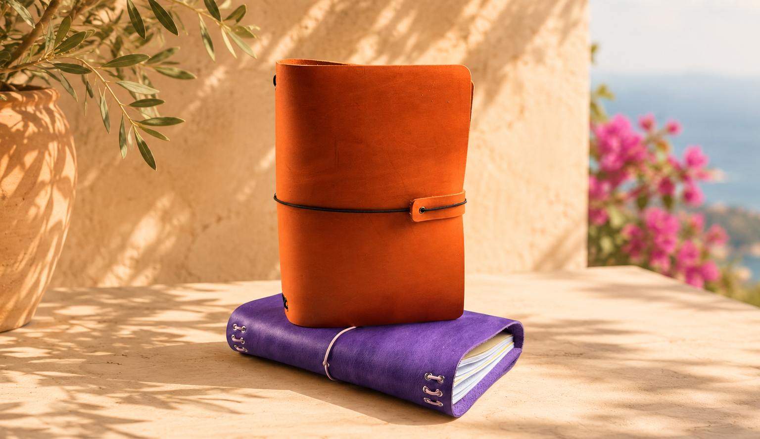 An orange leather journal with a strap closure stacked on top of a purple leather notebook, set on a sunlit stone ledge with a potted plant and outdoor scenery in the background.