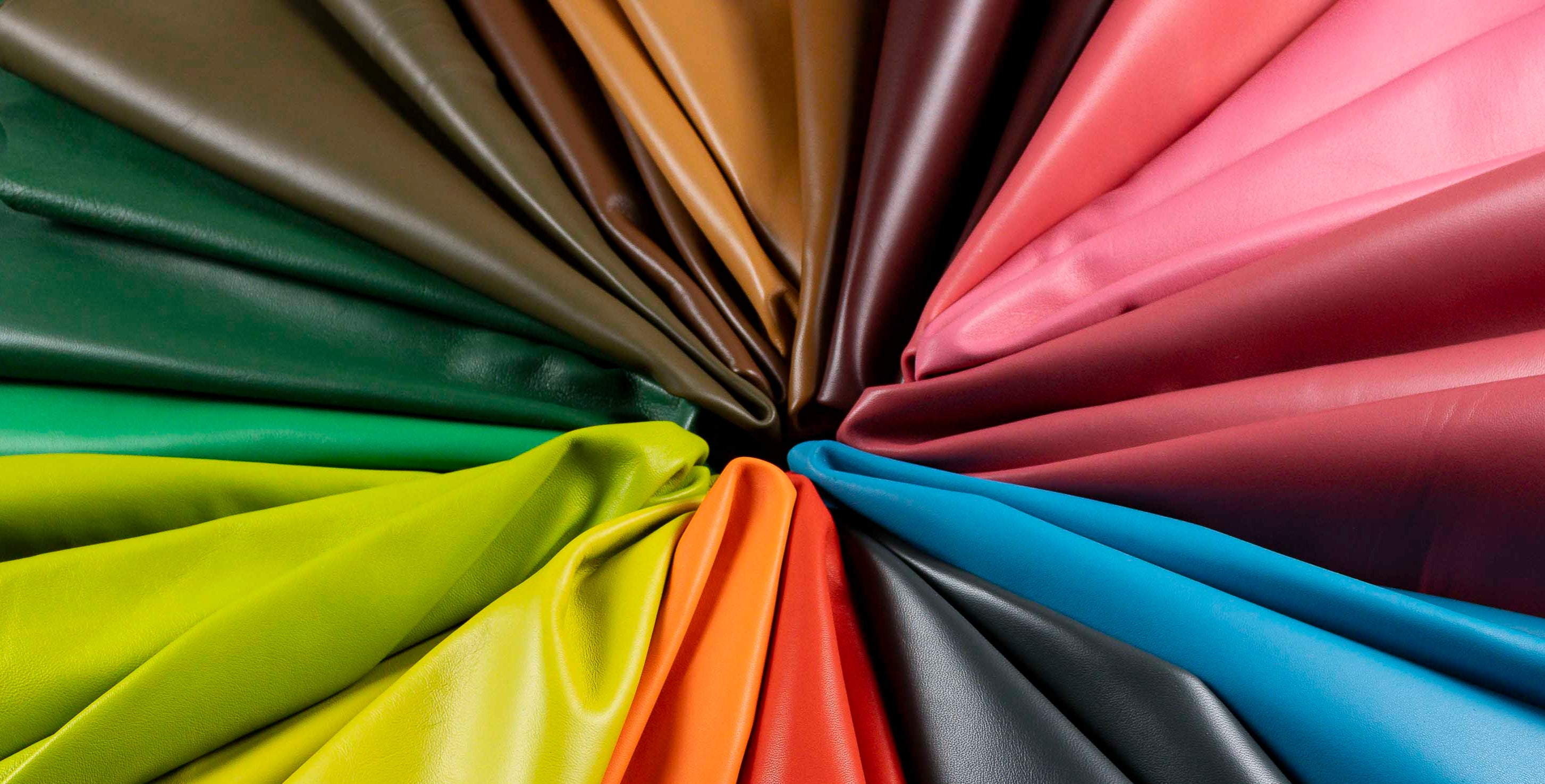Circular arrangement of colorful leather samples in various shades.