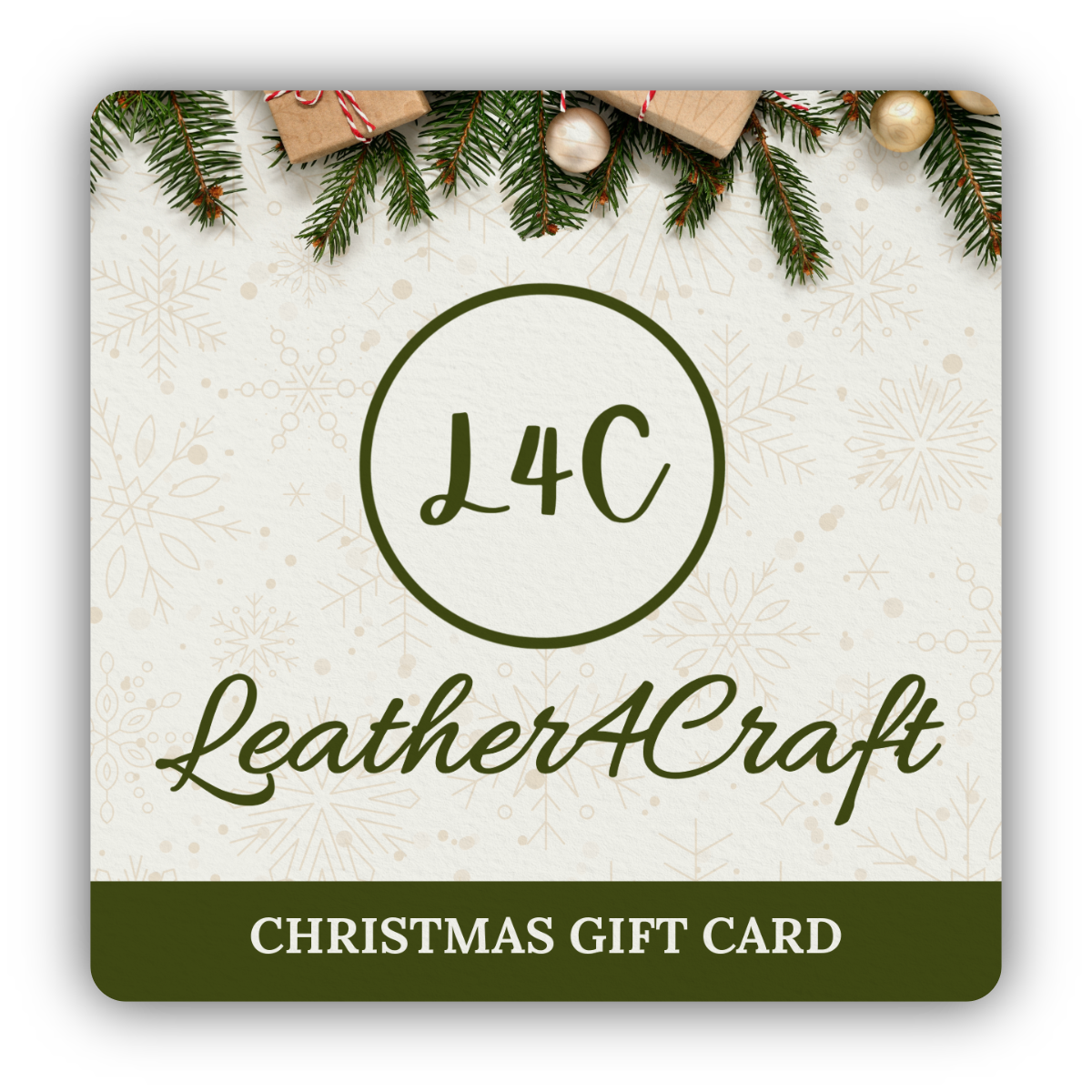 Christmas gift card with 'Leather4Craft' logo and festive elements on a white background