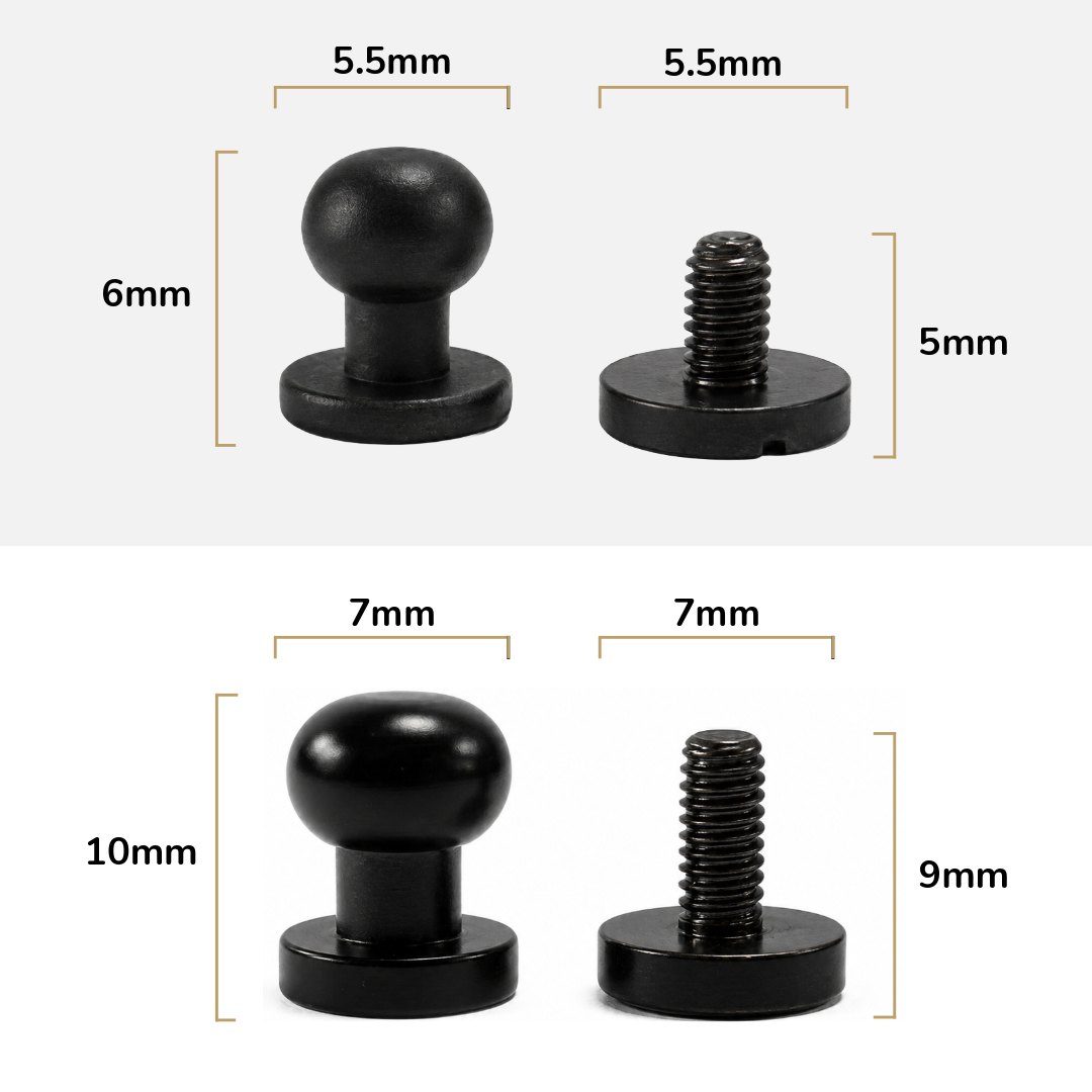 Two black hardware pieces shown with dimension labels: a round ball knob and a matching threaded screw base, with measurements 5.5mm, 6mm, 7mm, 10mm, 9mm, and 5mm overlaid on a white background.