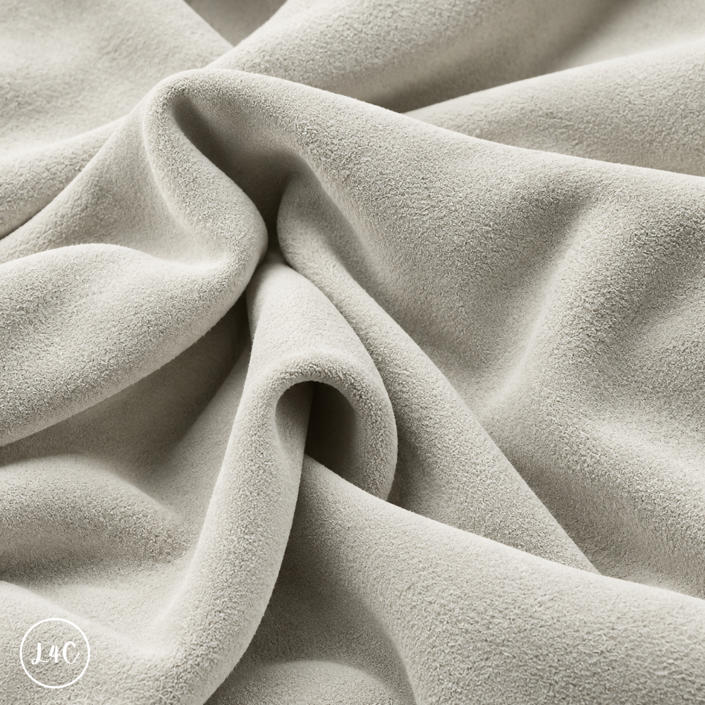 A close-up of draped white suede leather with a soft, plush texture, showing deep folds and shadows.