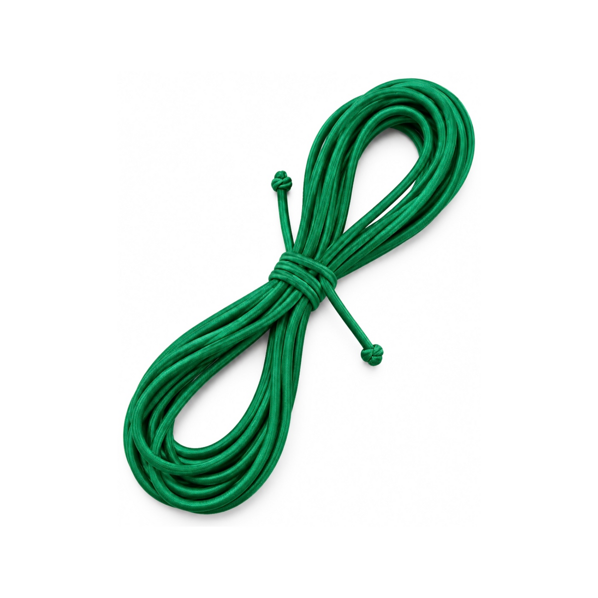 A coiled bundle of bright green cord or elastic strap material tied in the center, photographed on a clean white background.