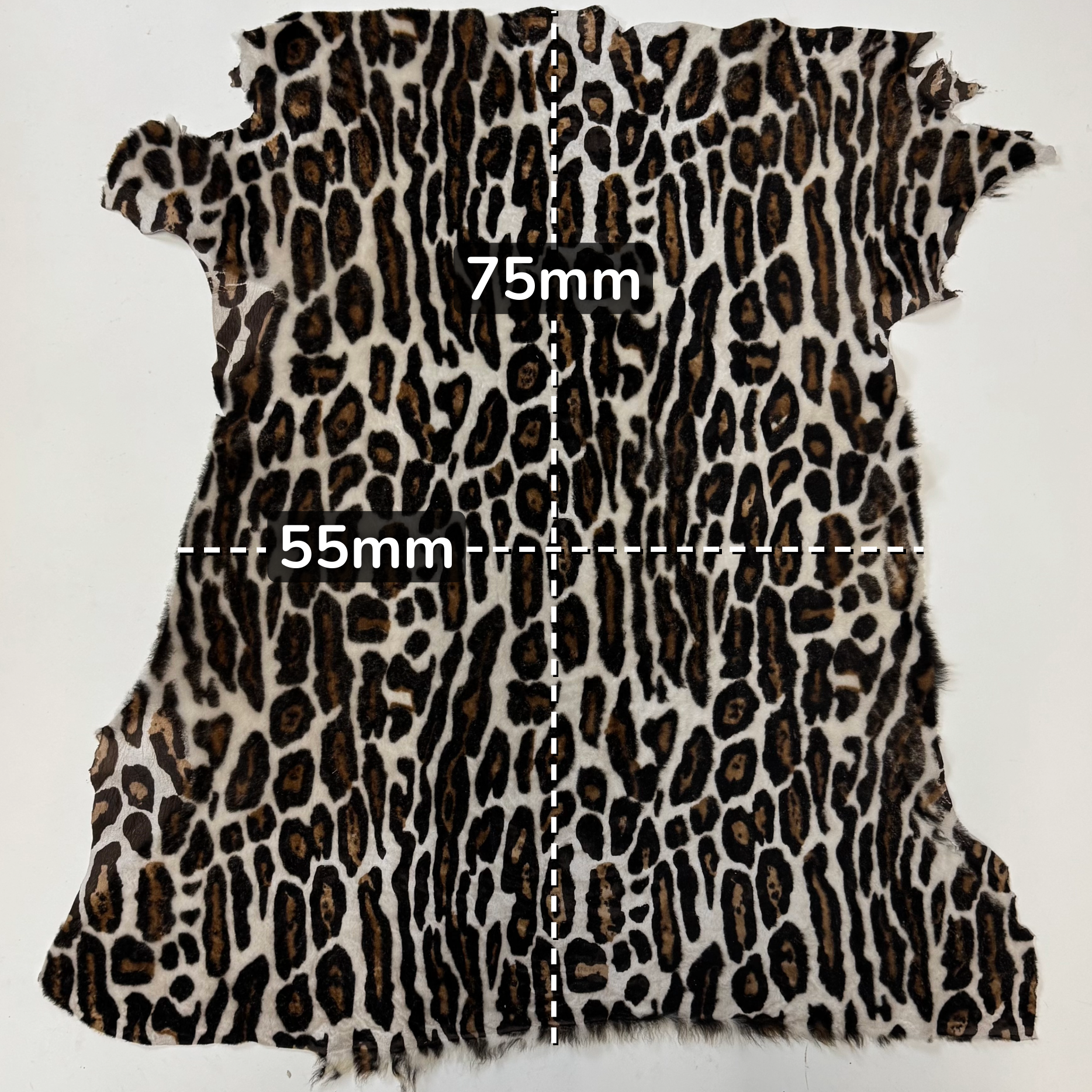 Leopard print leather with measurements marked on a white background