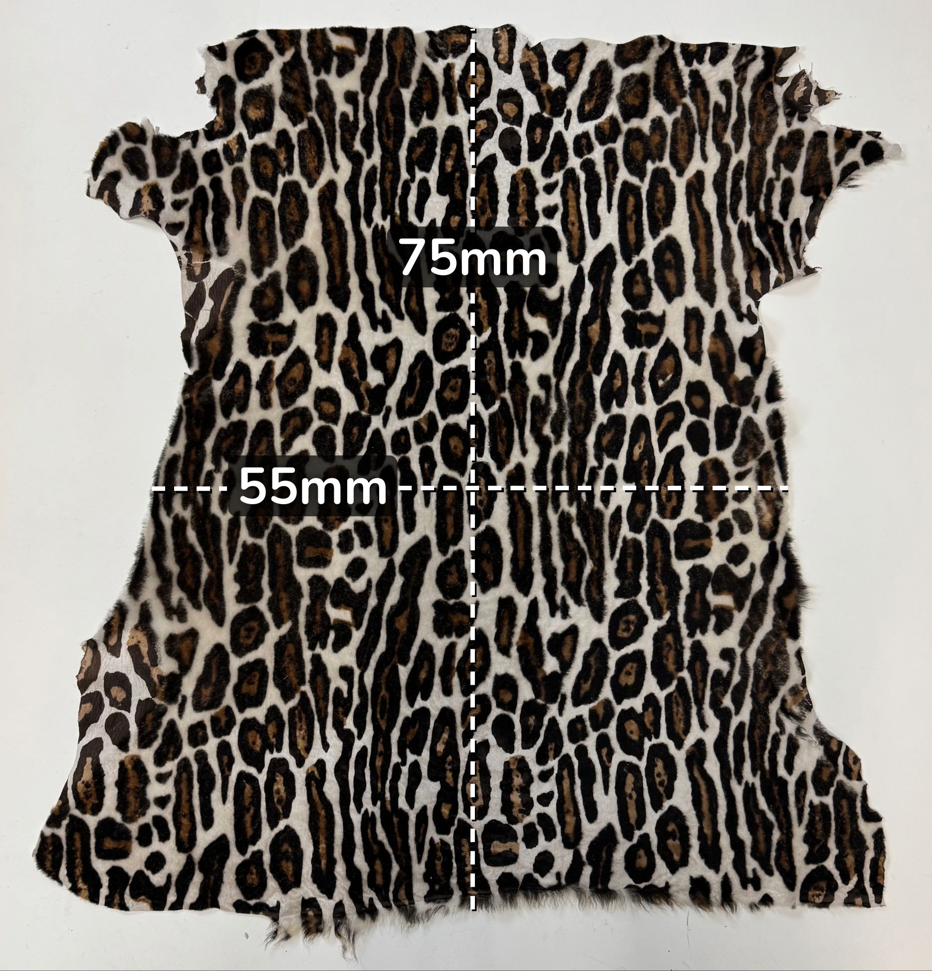Leopard print leather with measurements marked on a white background
