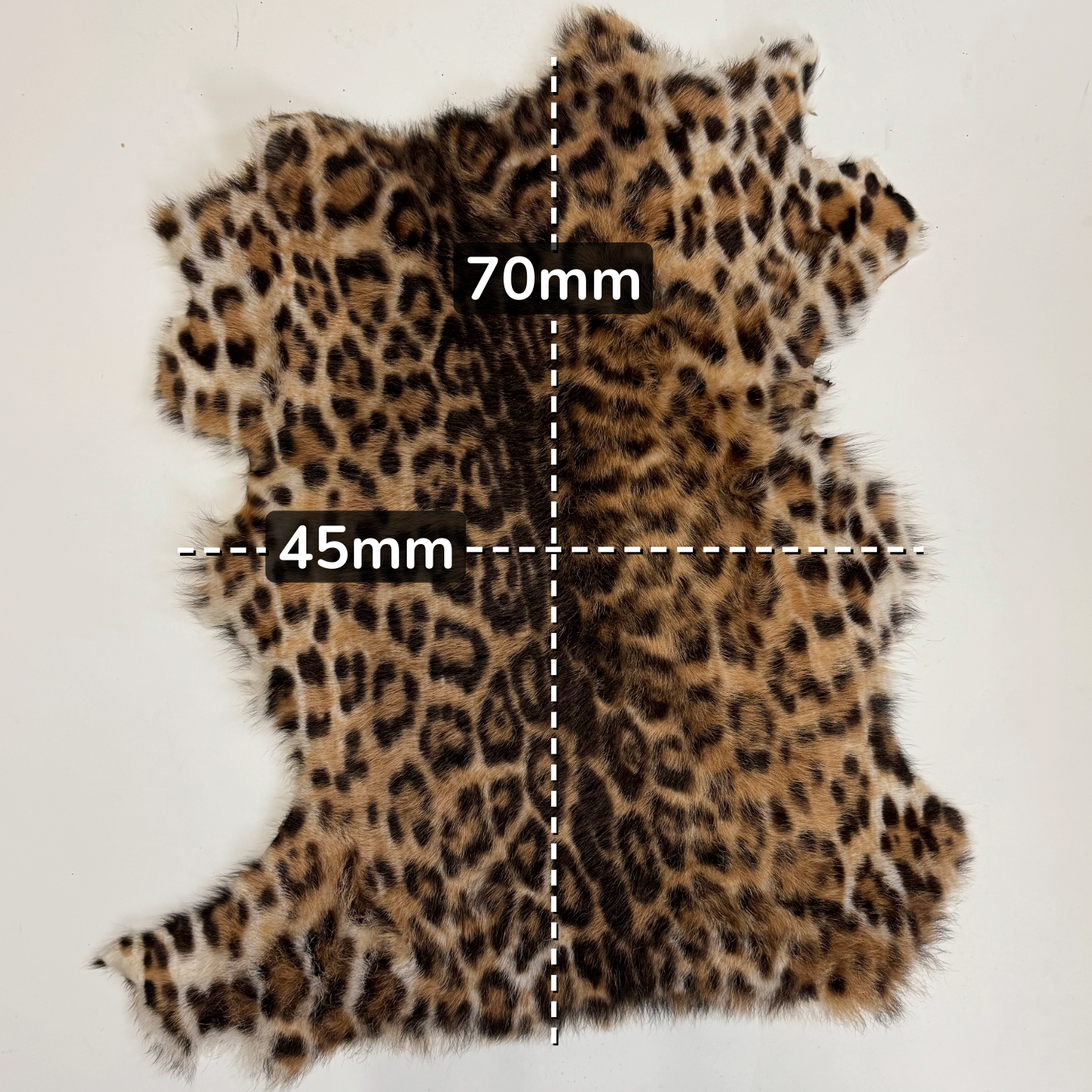 Leopard print fur with measurements on a white background