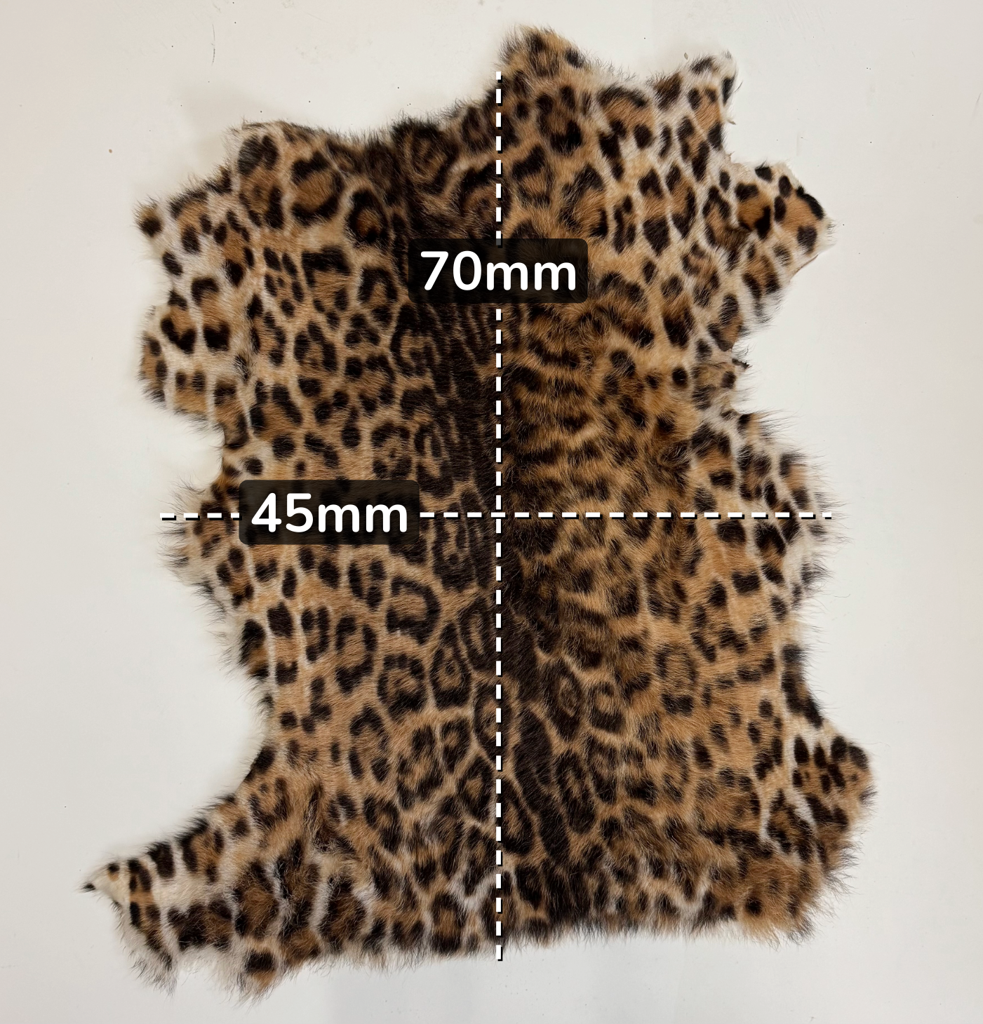 Leopard print fur with measurements on a white background