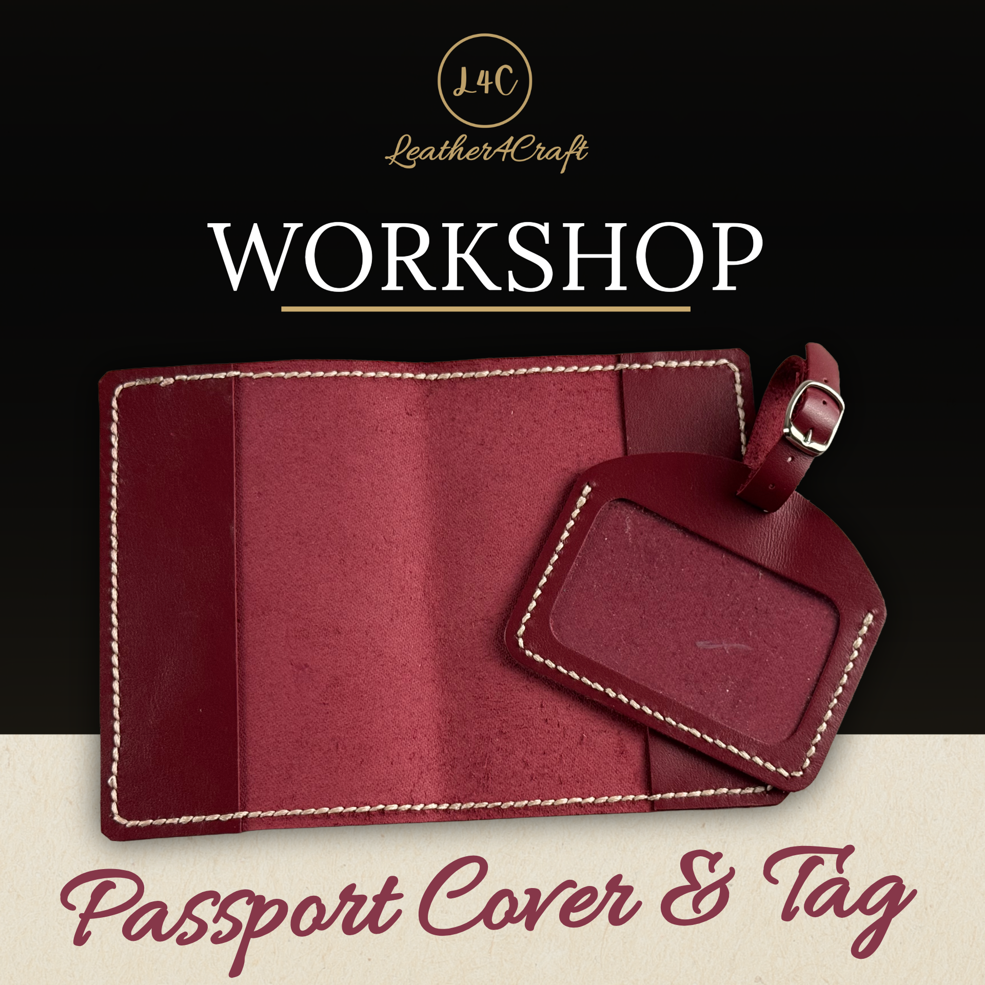 Red leather passport cover and tag with visible stitching on a black and beige gradient background, featuring 'Leather4Craft' branding.