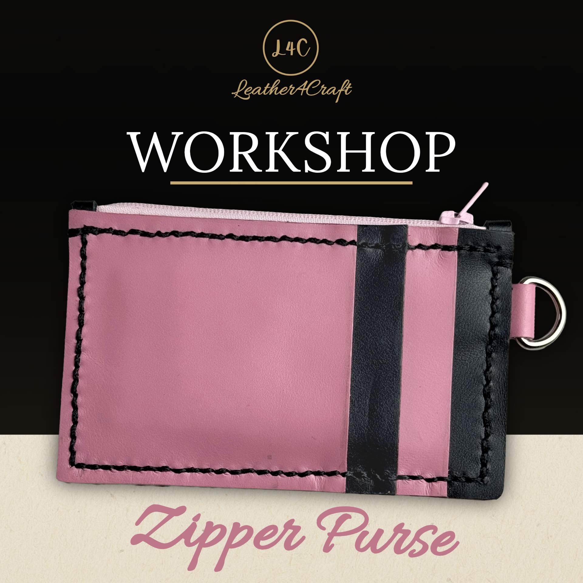 Pink zipper purse with black accent on a beige background, featuring Leather4Craft branding.