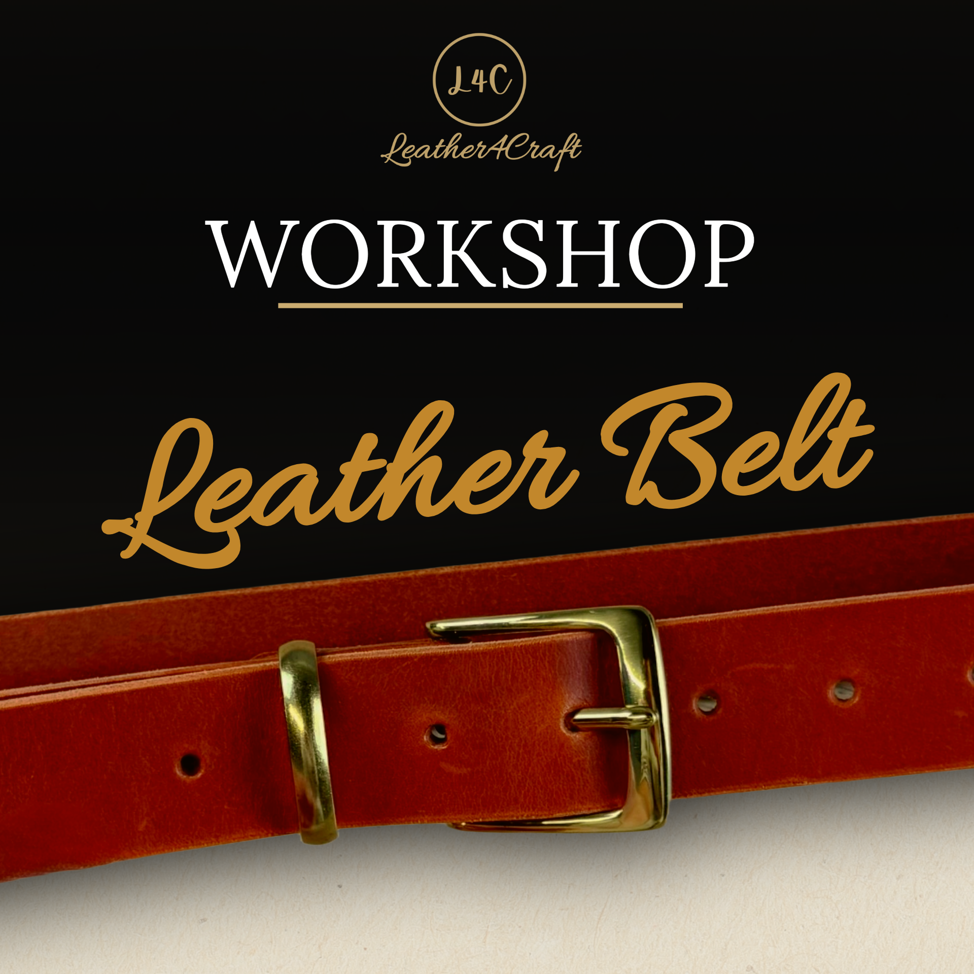 Red leather belt with gold buckle on a black background, featuring 'Leather4Craft' branding.