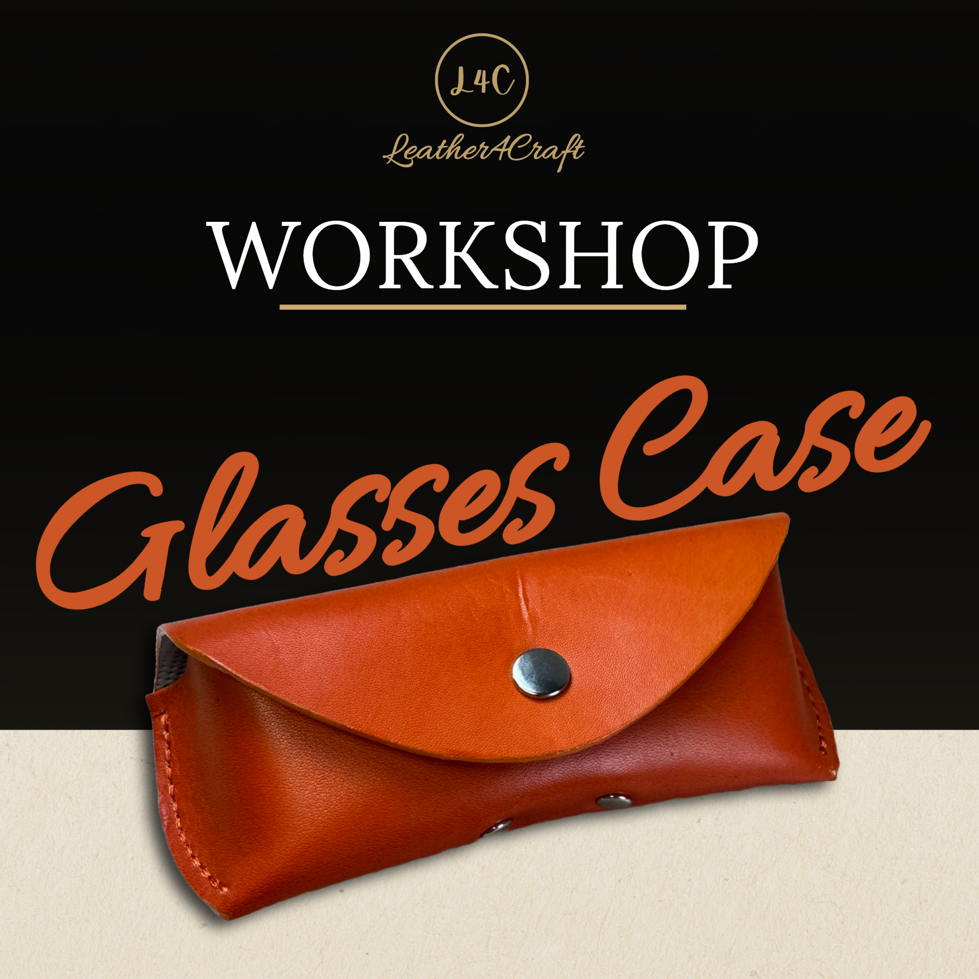 Brown leather glasses case on a beige surface with 'Leather4Craft' branding.
