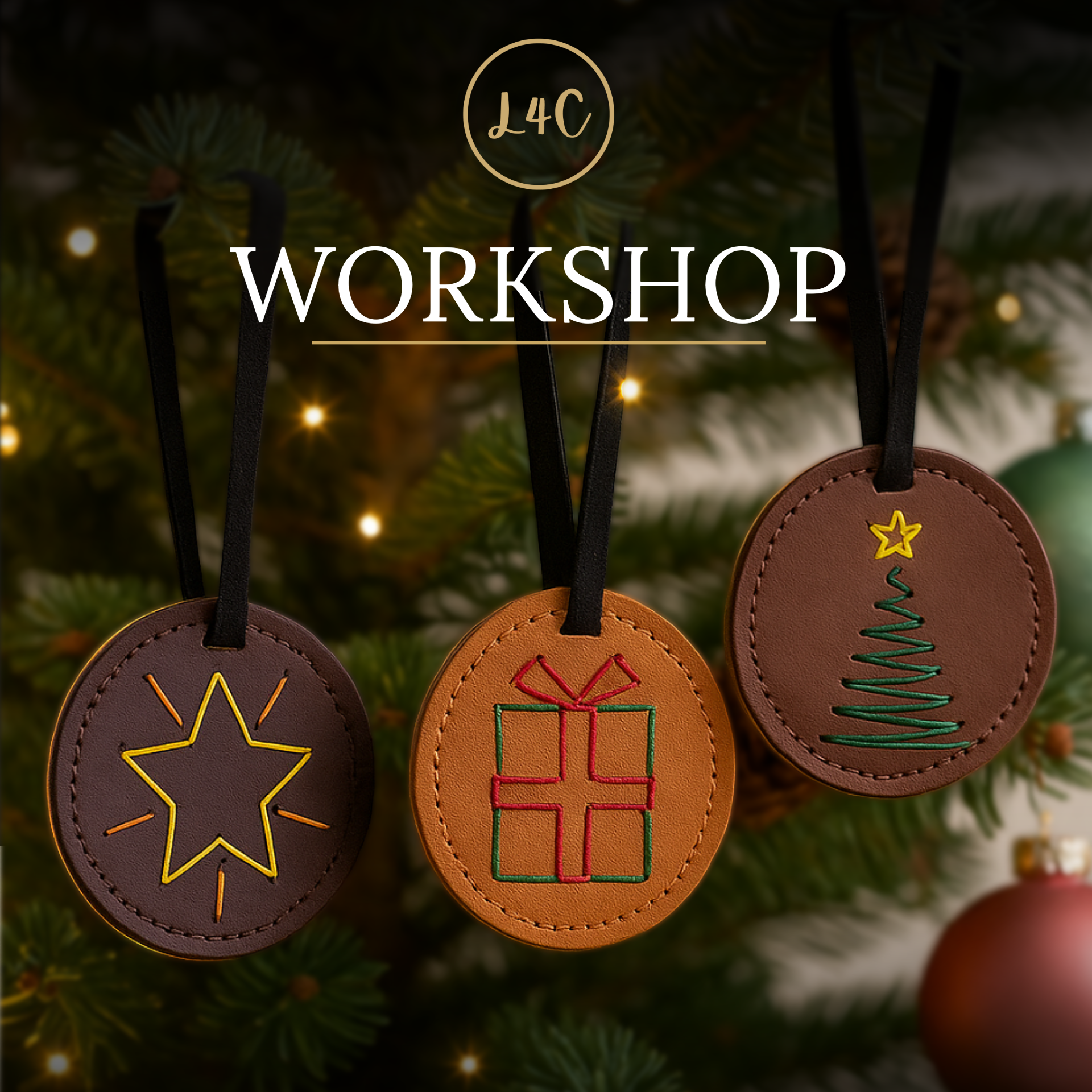 Three Christmas-themed leather ornaments on a tree with 'L4C Workshop' branding.