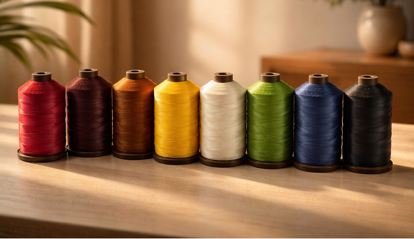 Set of colorful spools of thread on a wooden surface with a soft, warm background.