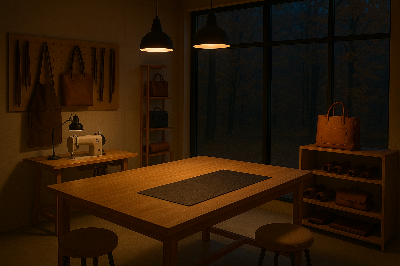 Dark room with wooden table, chairs, and sewing machine.