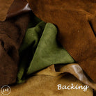 Close-up of brown and green fabric with 'Backing' text