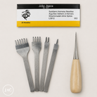Set of saddlers harness needles with an awl and some chisles on a light gray background
