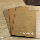 Three pieces of brown leather on a wooden surface with 'Backing' text.