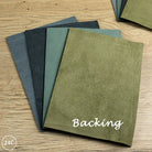 Set of green and blue textured country soft leather labeled 'Backing' on a wooden surface.