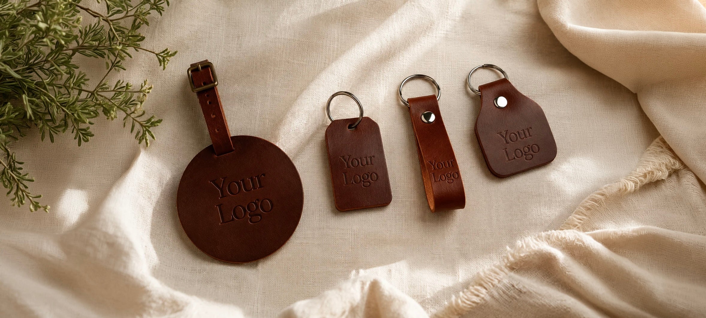 Three brown leather keychains with customizable engraved logos, displayed on a draped cream fabric alongside green foliage.
