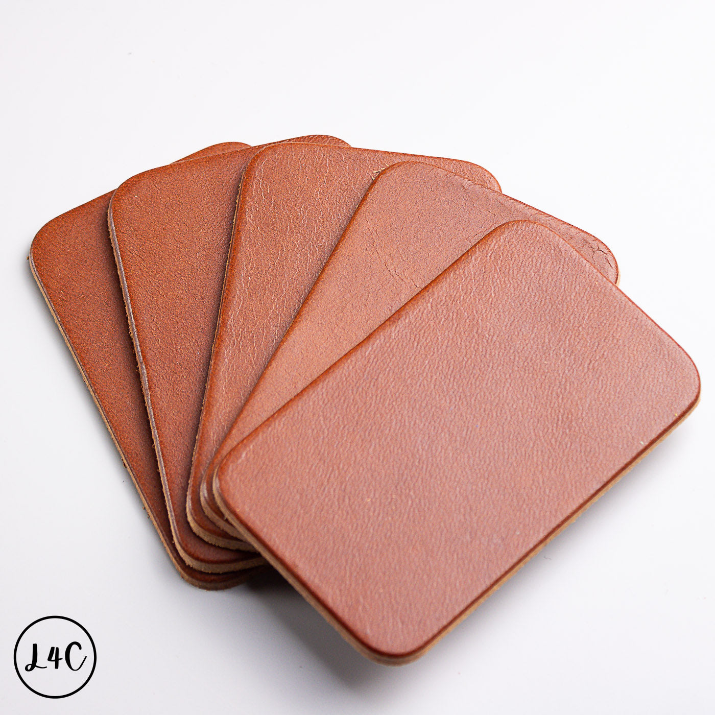 Set of five brown leather labels on a white background