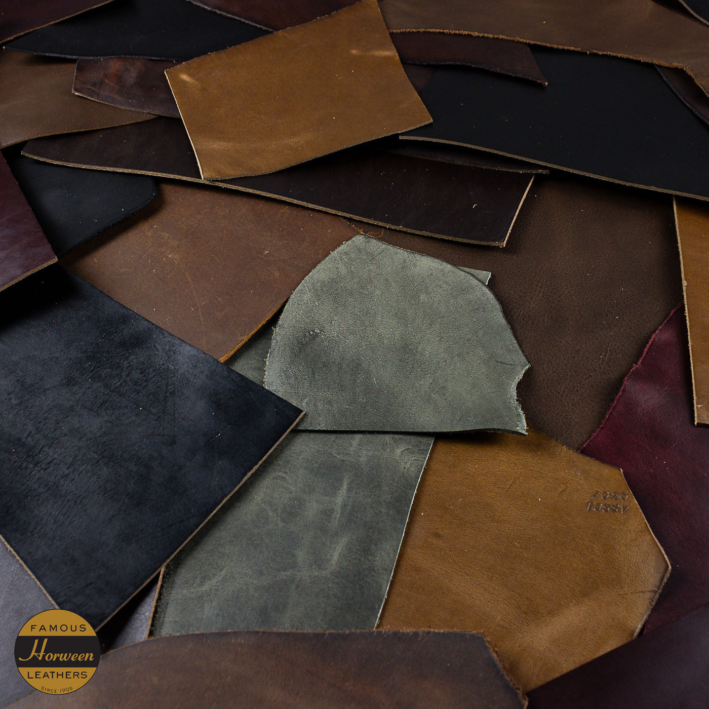 Collection of various horween leather off cuts in different colours and textures.