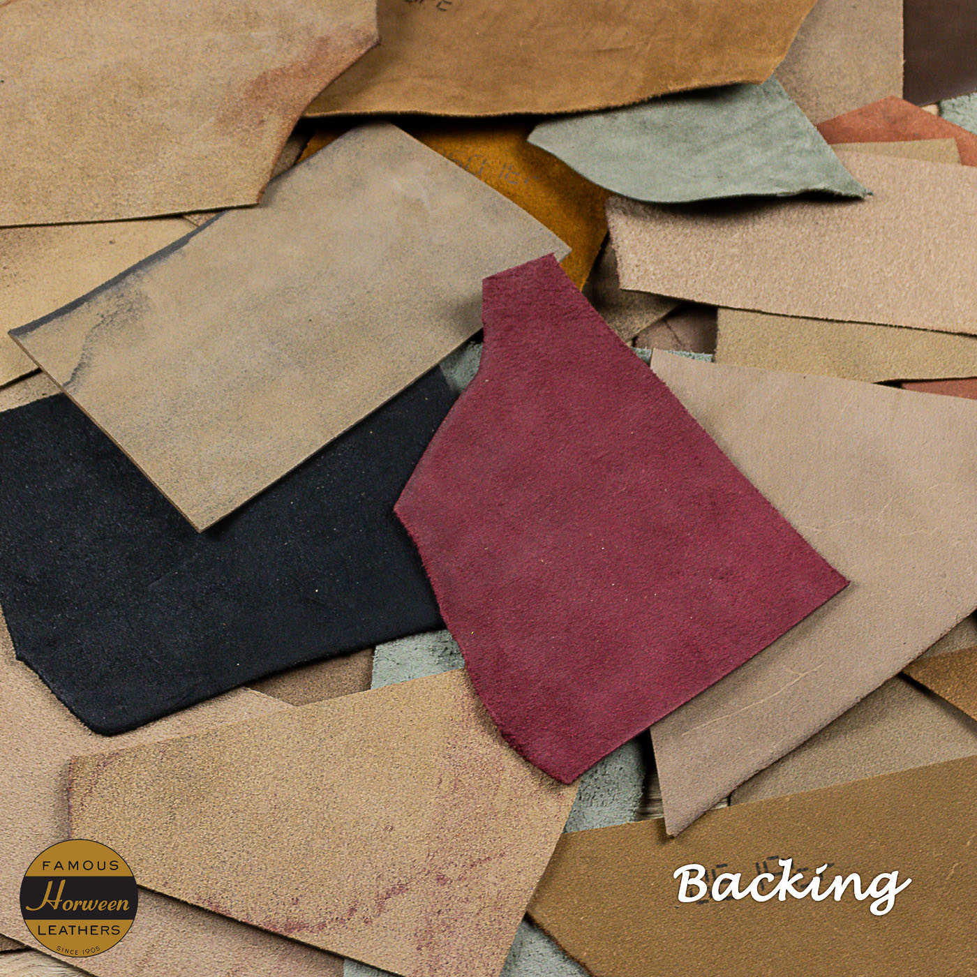 Collection of leather offcuts backing in various colours.