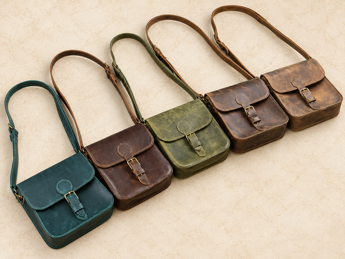 Four distressed leather crossbody bags in teal, brown, olive green, and dark brown, arranged diagonally on a textured beige background.