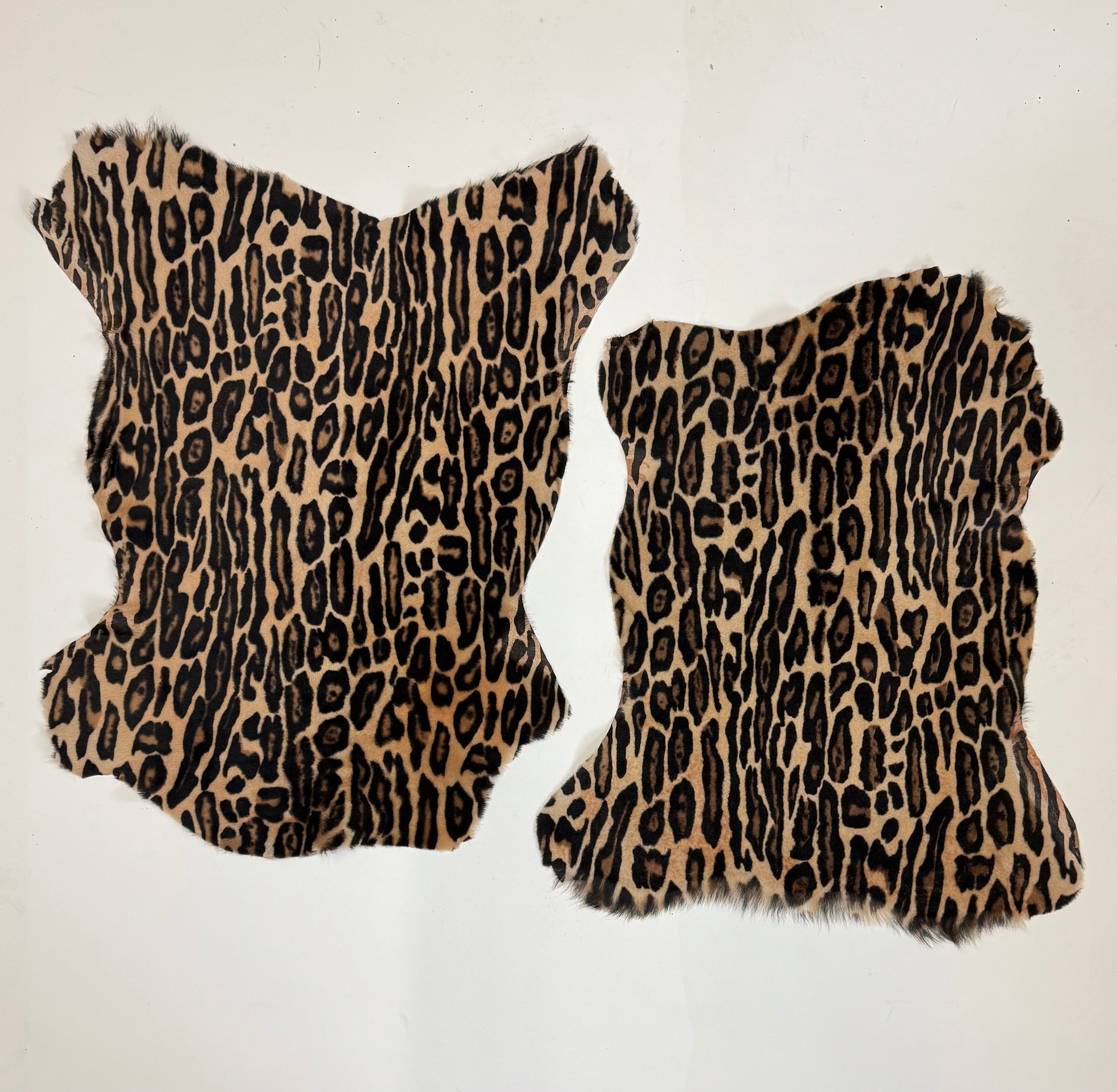 Two leopard print fur hides on a white background