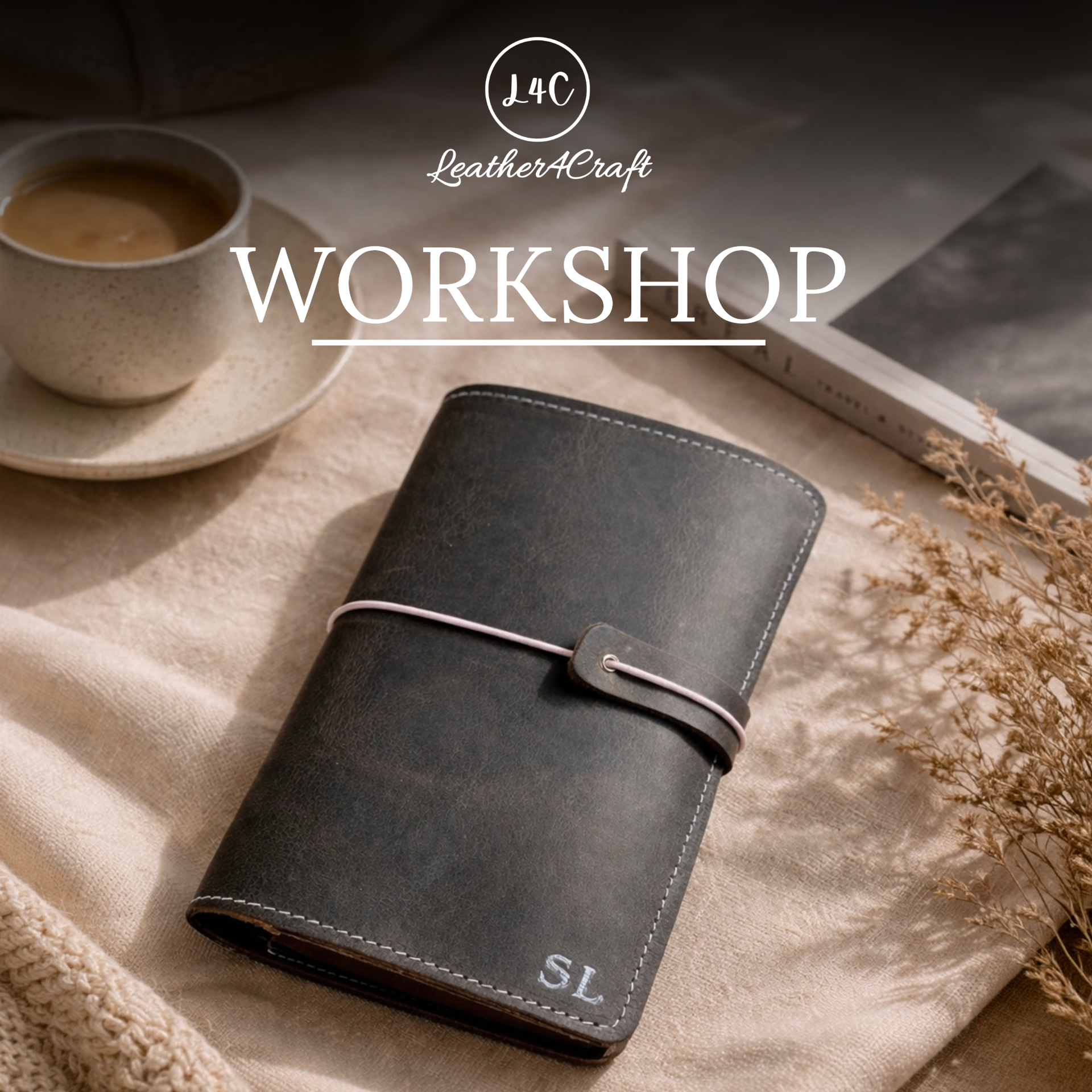 Black leather journal with 'SL' initials on a textured surface with a cup of coffee and book in the background, featuring the Leather4Craft logo.