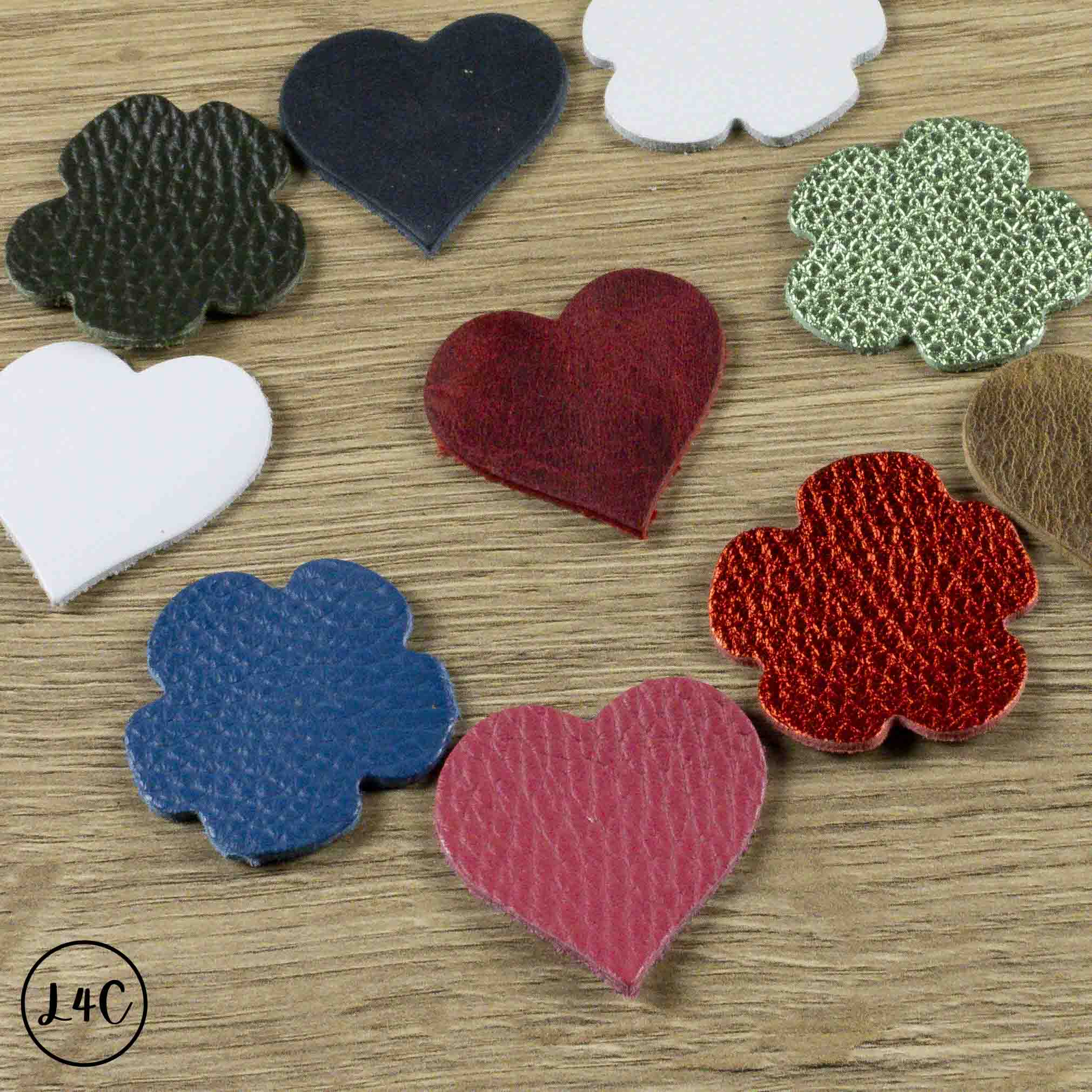 Assorted Leather Hearts & Flowers close up