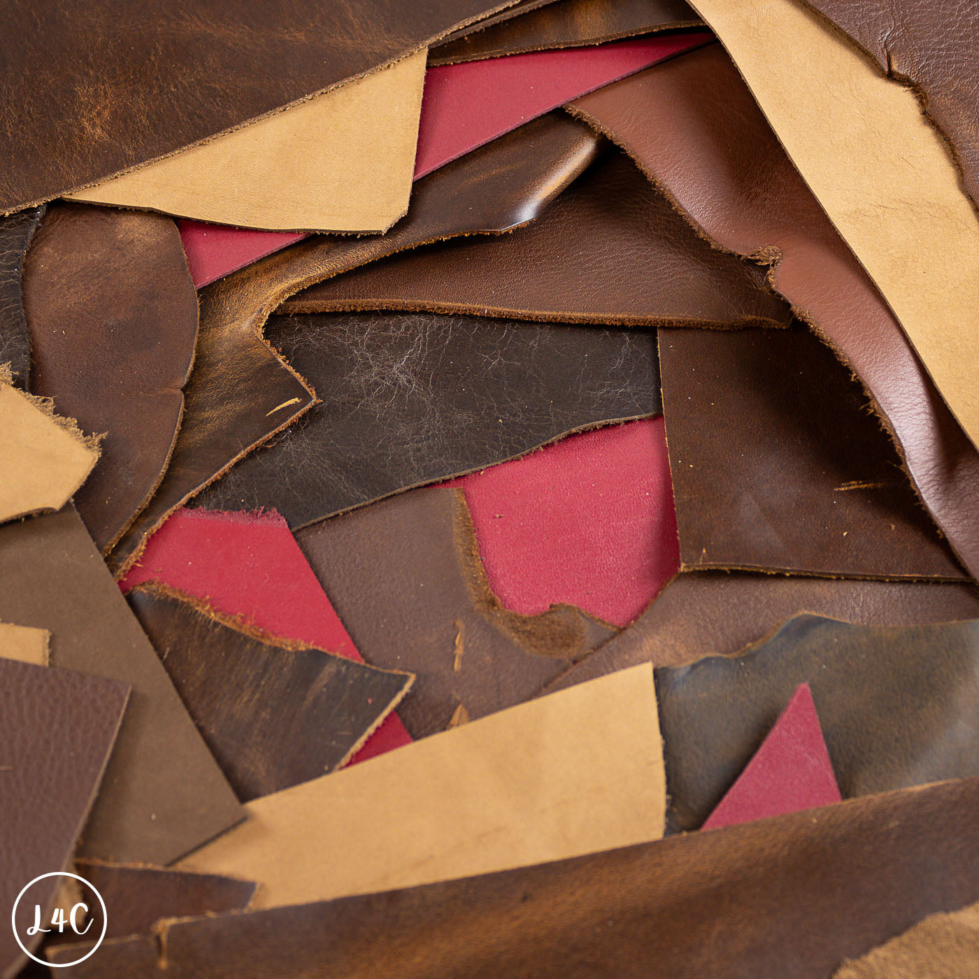 Close-up of assorted leather pieces in various colors.
