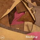 Collection of brown and pink fabric pieces with 'Backing' text and LAC logo.