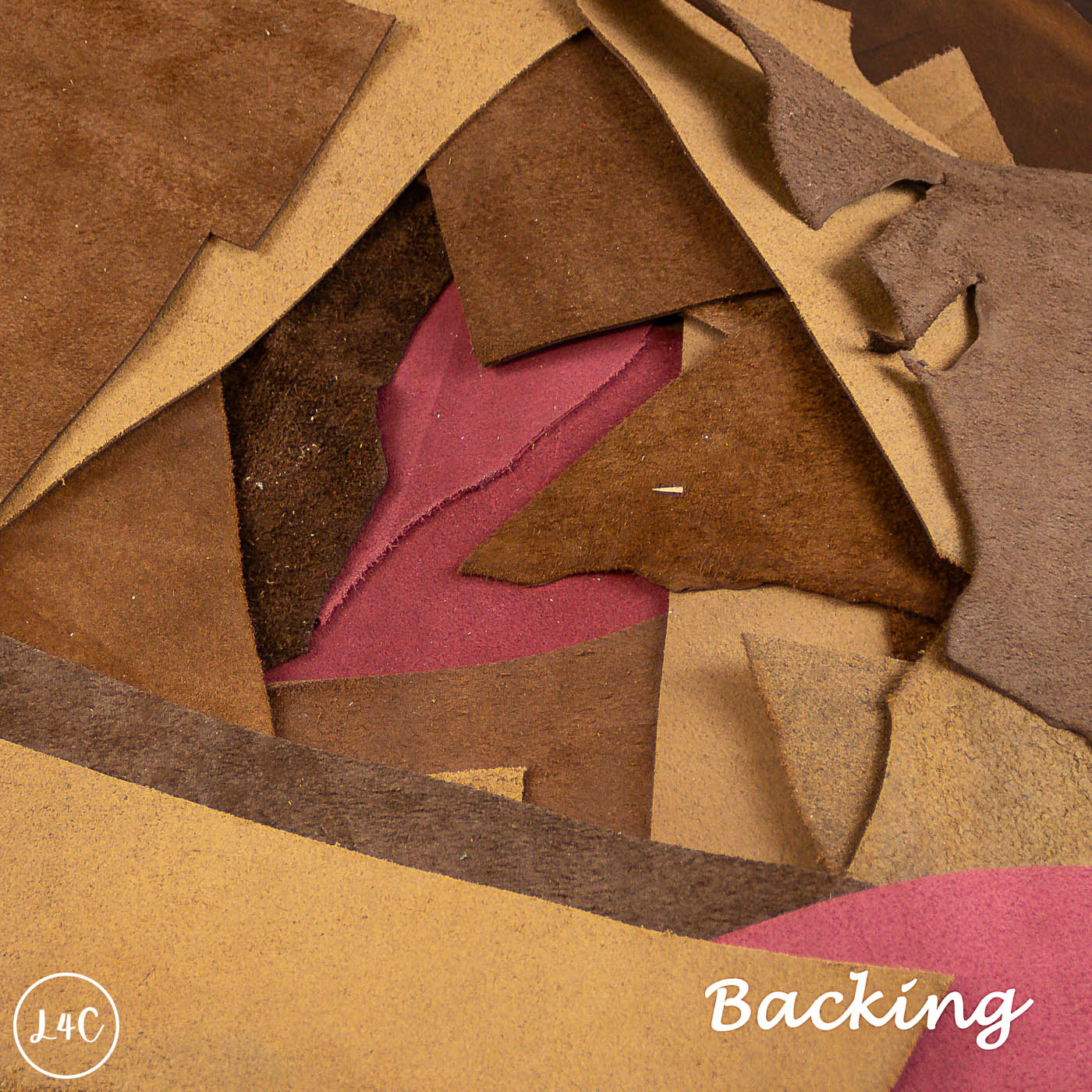Collection of brown and pink fabric pieces with 'Backing' text and LAC logo.