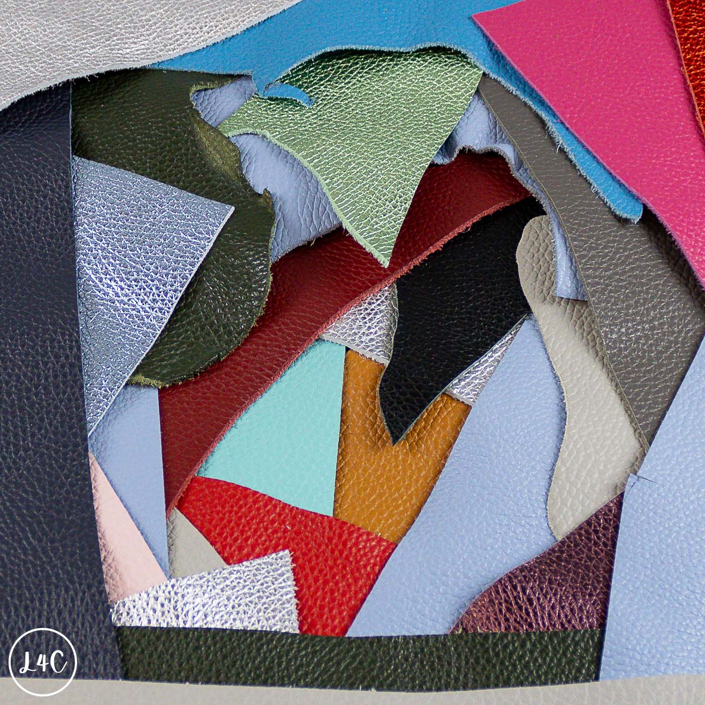 Colorful leather texture swatches arranged in a geometric pattern.