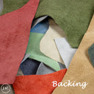 Close-up of various colored fabric swatches with 'Backing' text.
