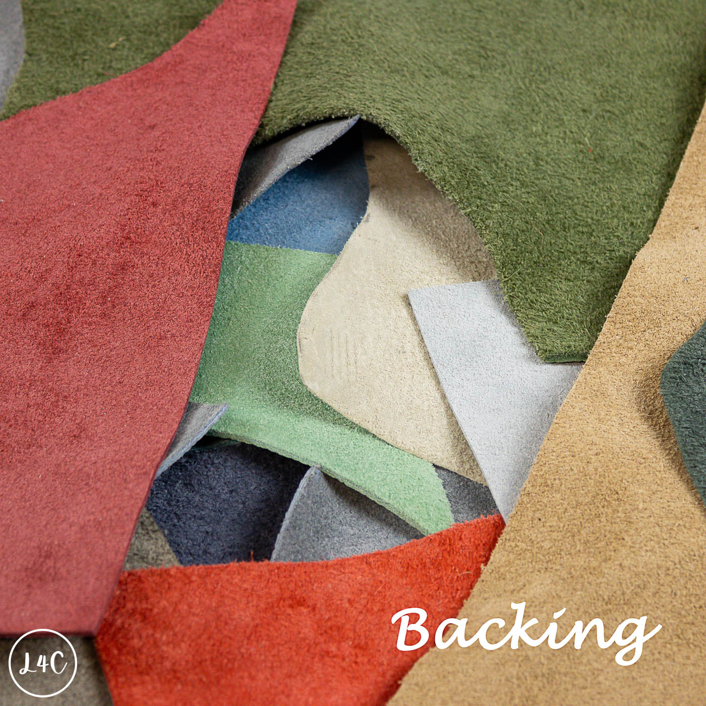 Close-up of various colored fabric swatches with 'Backing' text.