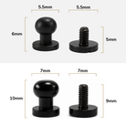 Two black hardware pieces shown with dimension labels: a round ball knob and a matching threaded screw base, with measurements 5.5mm, 6mm, 7mm, 10mm, 9mm, and 5mm overlaid on a white background.