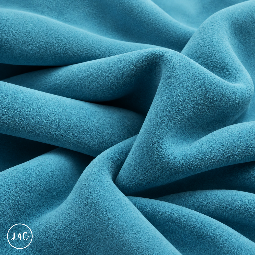 A close-up of draped blue suede leather with a soft, plush texture, showing deep folds and shadows. 