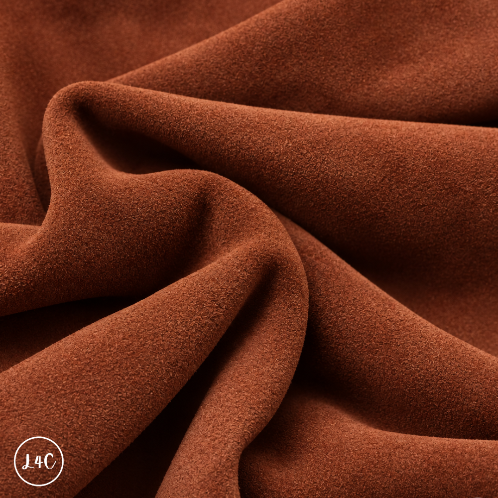 A close-up of draped brown suede leather with a soft, plush texture, showing deep folds and shadows. 