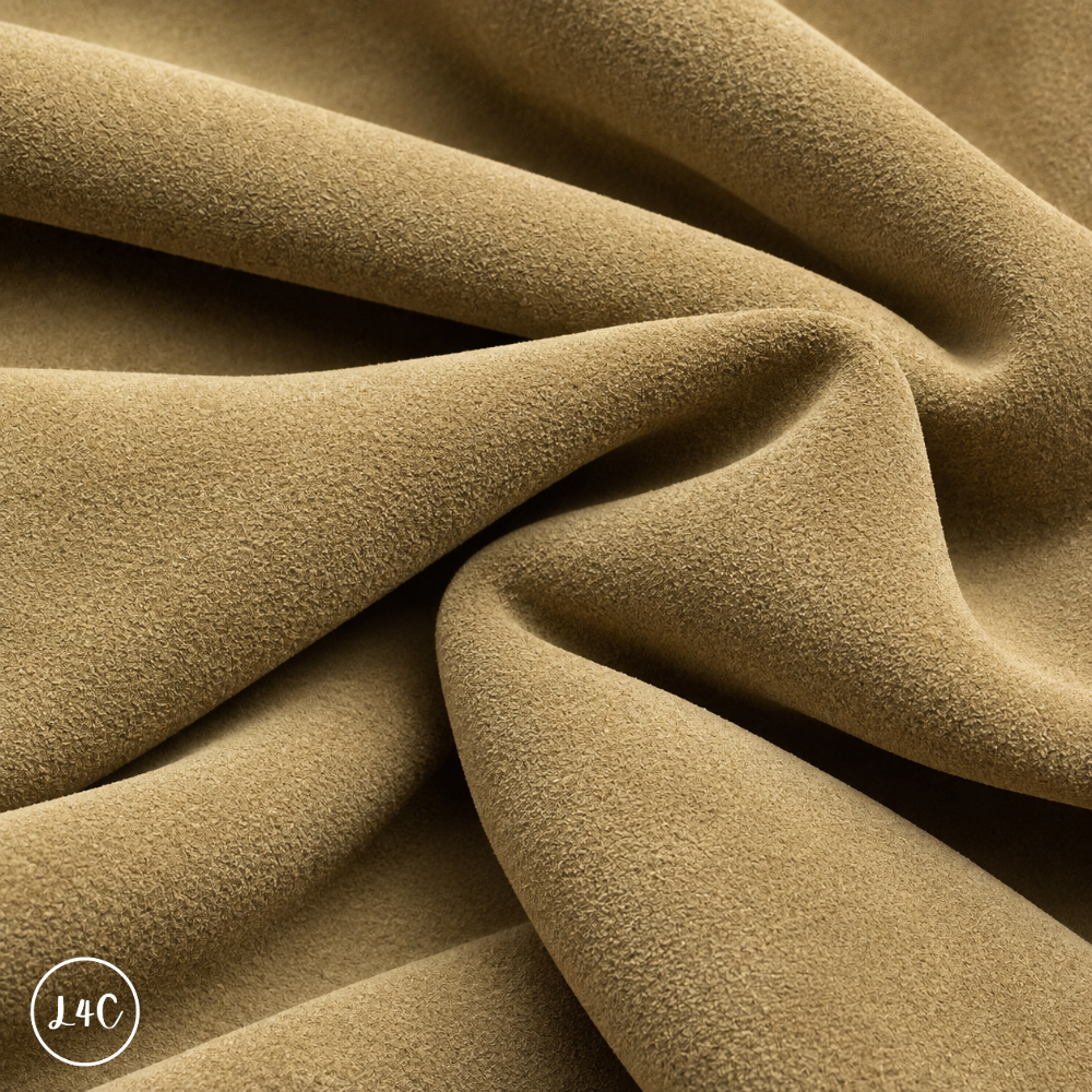 A close-up of draped biscuit suede leather with a soft, plush texture, showing deep folds and shadows. 