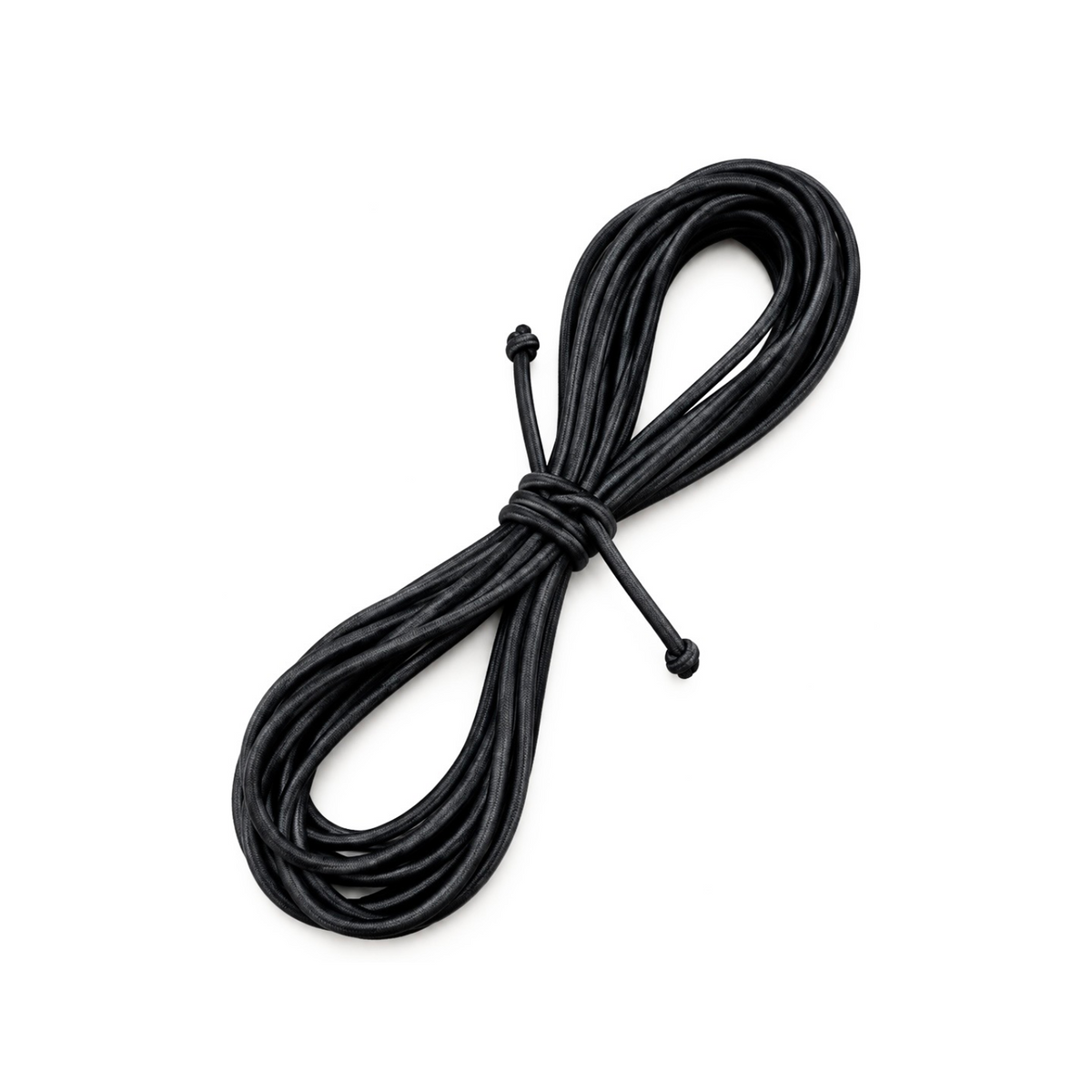 A coiled bundle of black elastic cords or straps tied in the center, photographed on a plain white background.