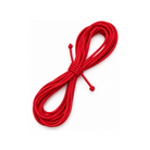 A coiled bundle of bright red elastic cord or lanyard with two loose ends, photographed on a clean white background.