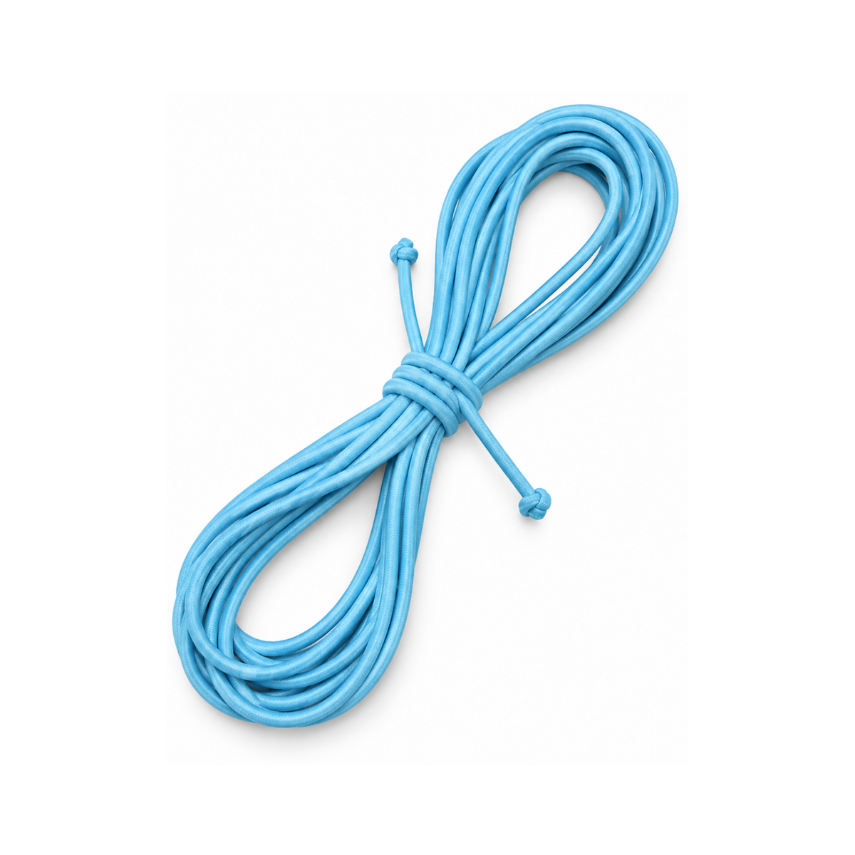 A coiled light blue elastic cord or strap, neatly bundled in the center with two loose ends visible, shot against a solid white background.