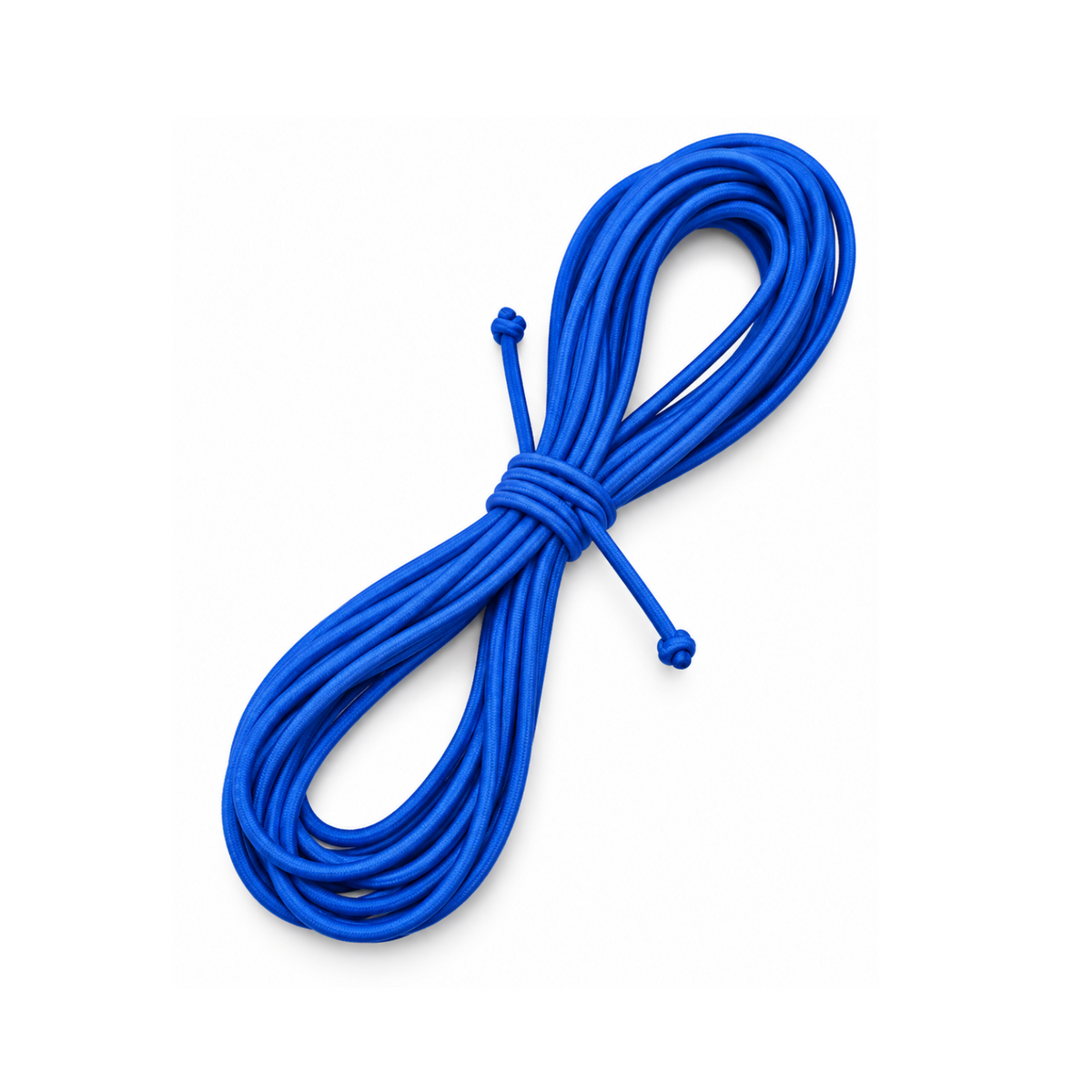 A coiled blue elastic cord or strap, neatly bundled in the center with two loose ends, shown on a clean white background.