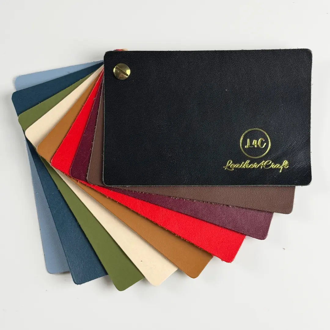 Color swatch book with leather samples and 'L4C Leather Craft' branding on a white background