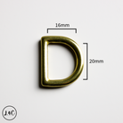 Solid Brass D-ring with measurements on a white background
