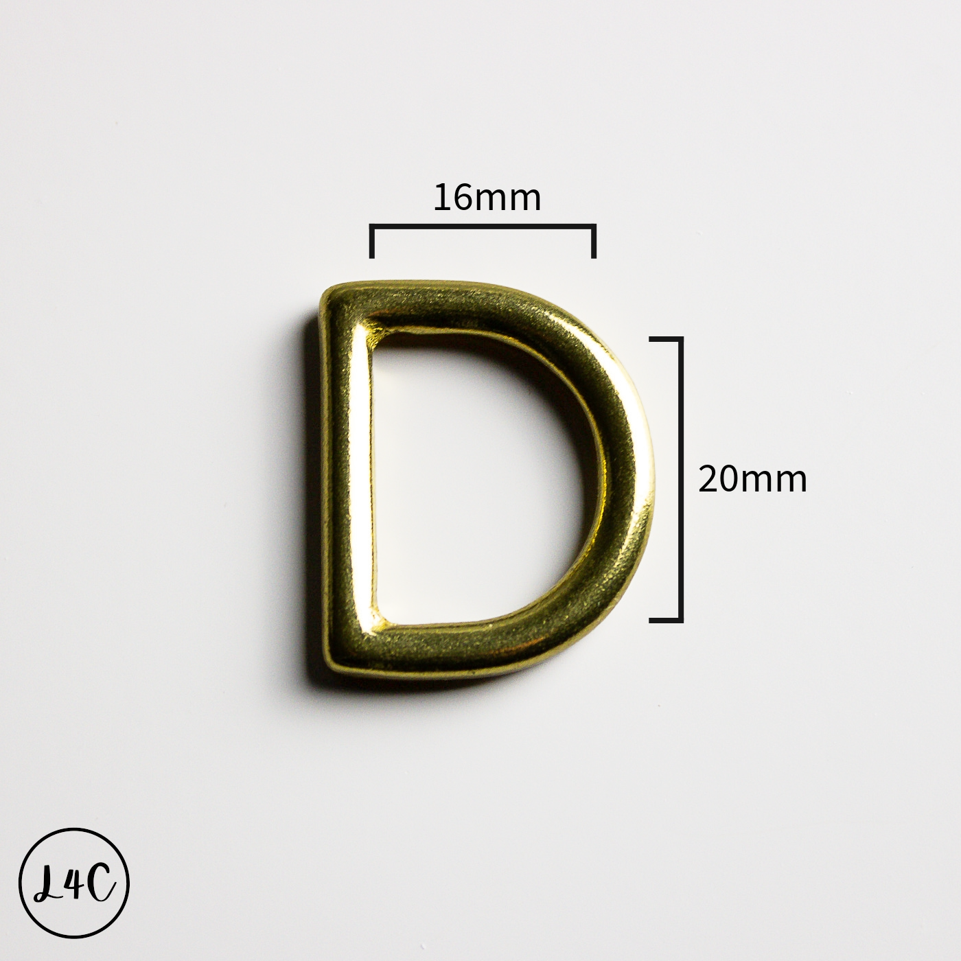 Solid Brass D-ring with measurements on a white background