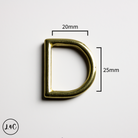 Solid Brass D-ring with measurements on a white background
