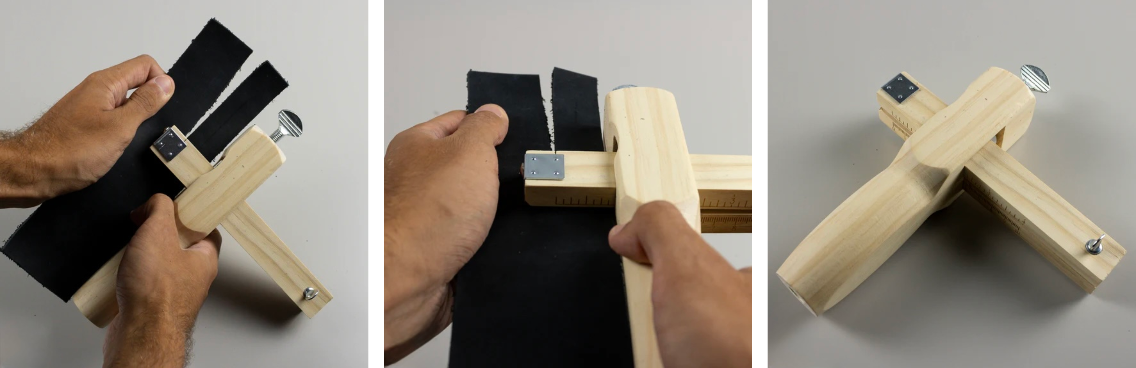 Three images of a wooden leather strap cutter tool on a grey background.